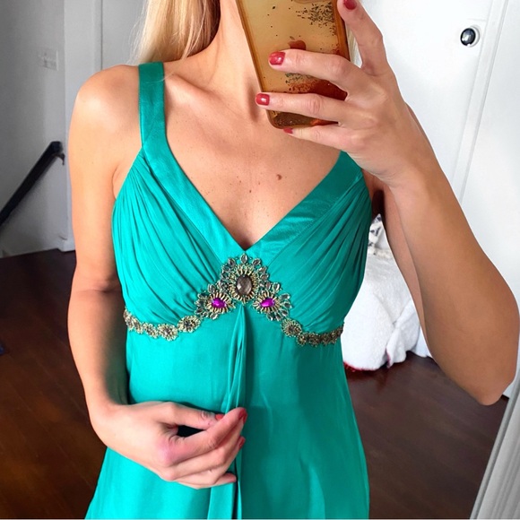 🦚 MONSOON TEAL GREEN BEADED FESTIVE SILK DRESS! - Picture 6 of 16
